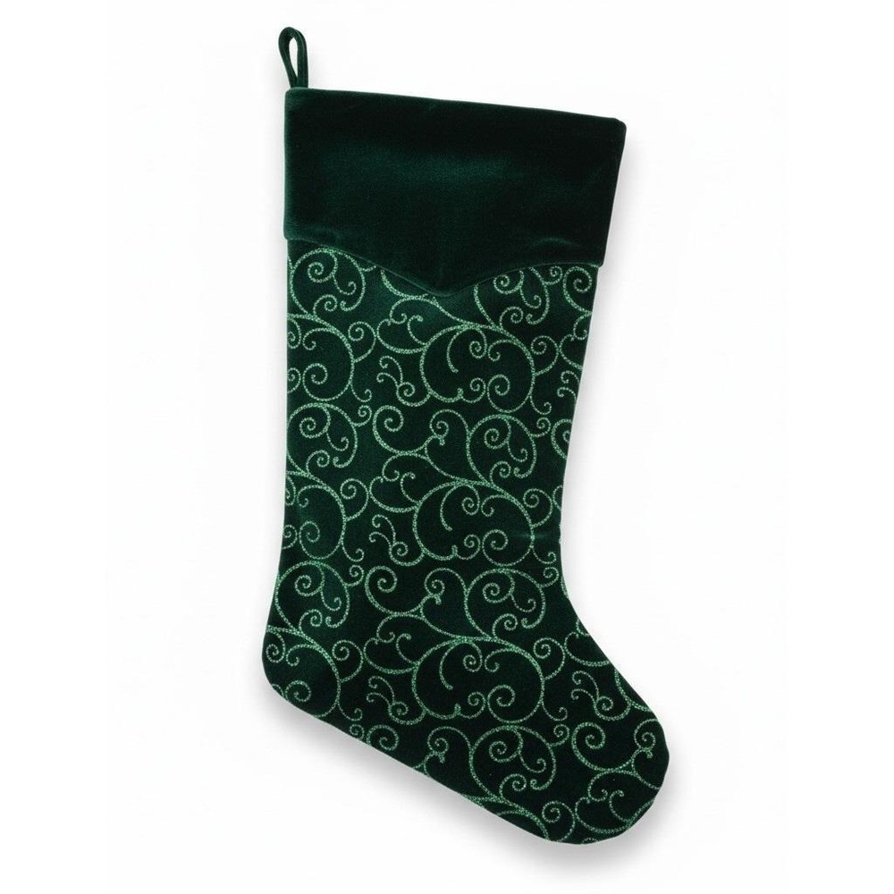 Santa's Best Emerald Green Velvet Christmas Stocking Glitter Scroll Design